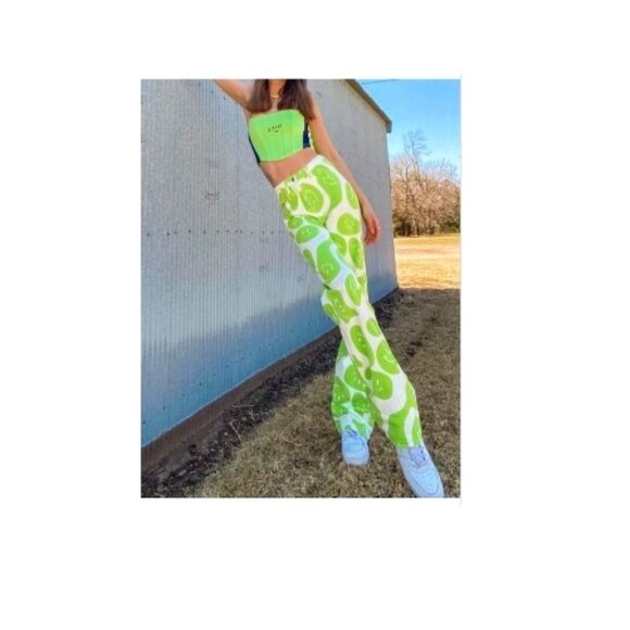 Bailey Rose S 26x32 Smiley Face Happy Lime Green Wide Leg Jeans - Picture 1 of 12